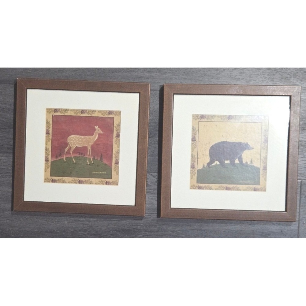 Rustic Lodge Bear & Deer Framed‎ Wall Art Set - Vintage Cabin Decor